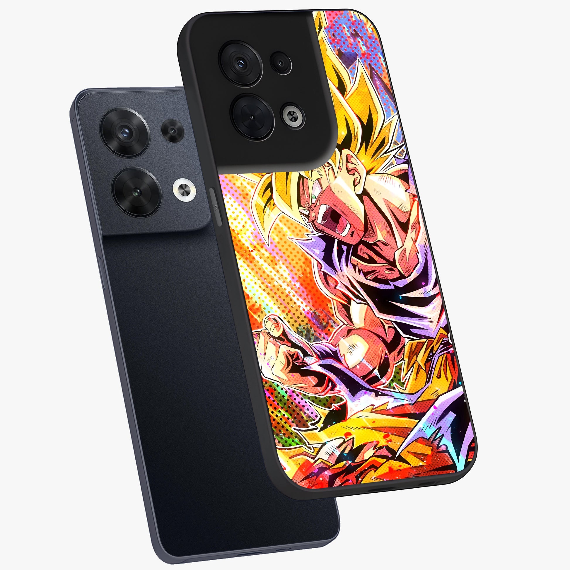 Firing Goku Glass Case displayed in angled mockup highlighting dynamic anime character design with action aesthetic.