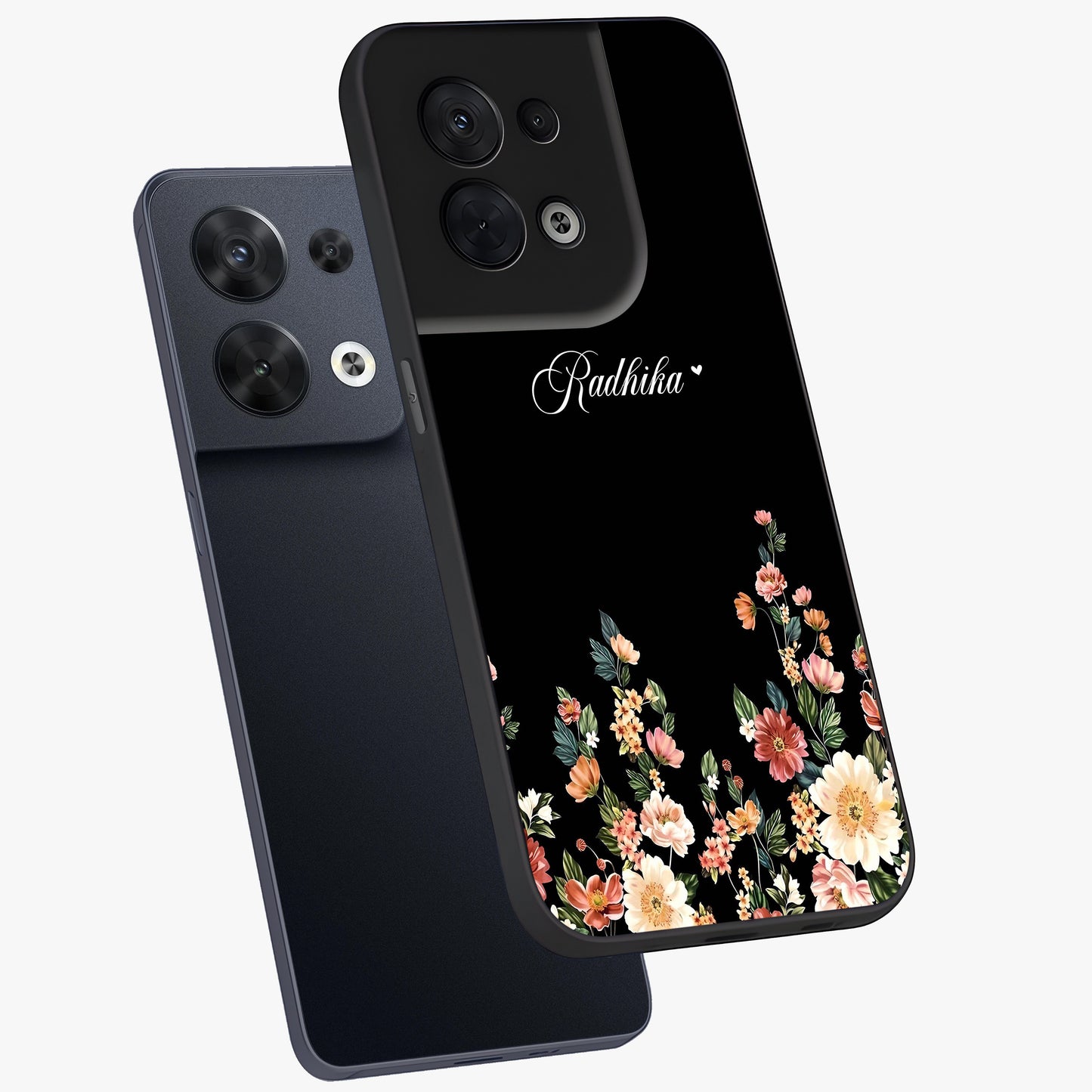Floral Design With a Custom Personalized Name Glass Case displayed in angled mockup highlighting elegant floral pattern with custom name feature.