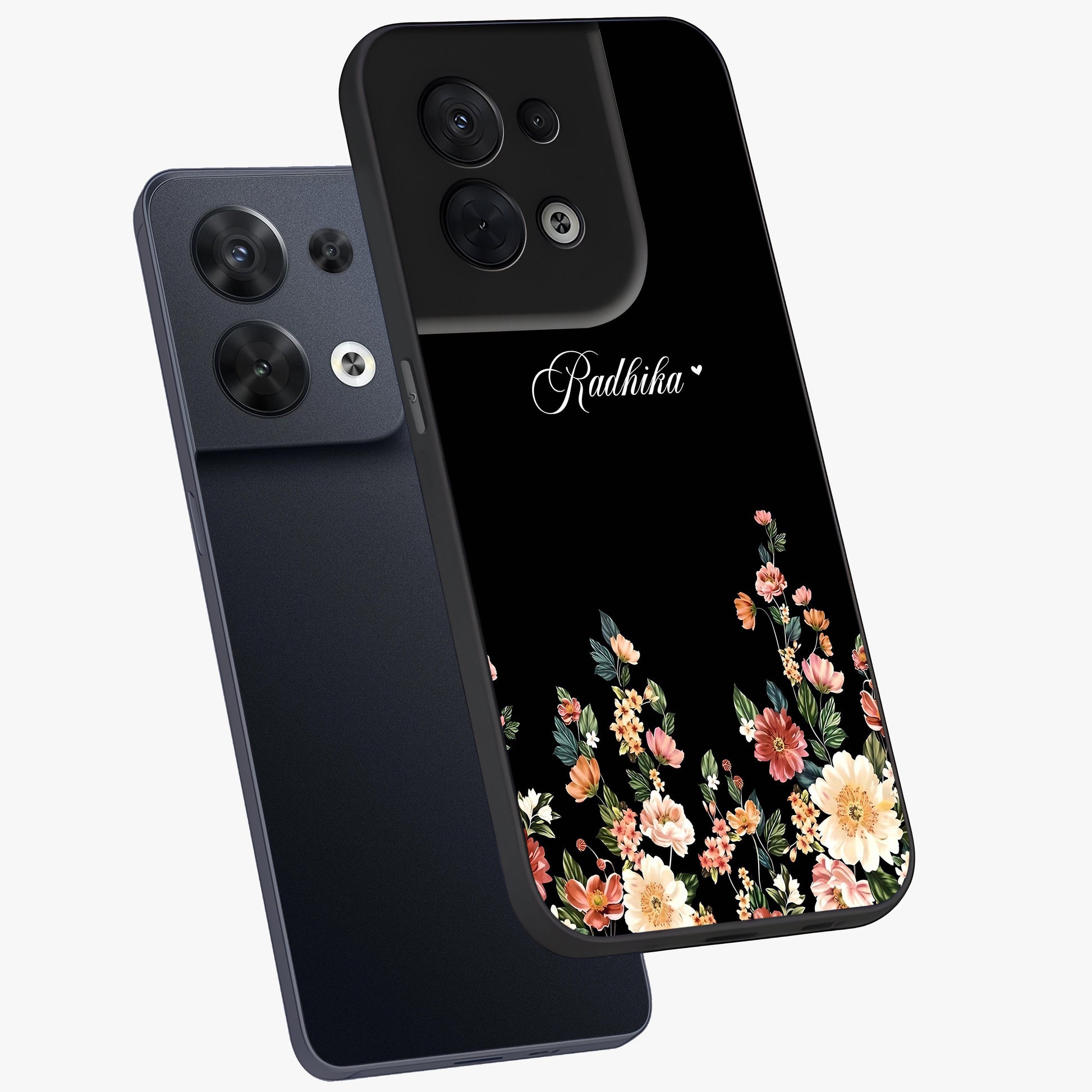 Floral Design With a Custom Personalized Name Glass Case displayed in angled mockup highlighting elegant floral pattern with custom name feature.