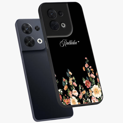 Floral Design With a Custom Personalized Name Glass Case displayed in angled mockup highlighting elegant floral pattern with custom name feature.