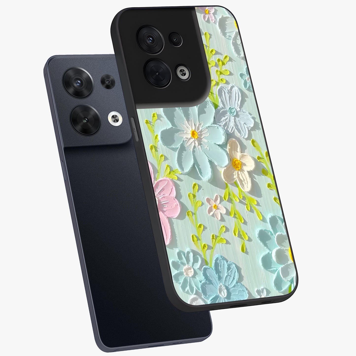 Frosted Petal Garden Glass Case displayed in angled mockup highlighting delicate flower petal design with calm garden aesthetic.