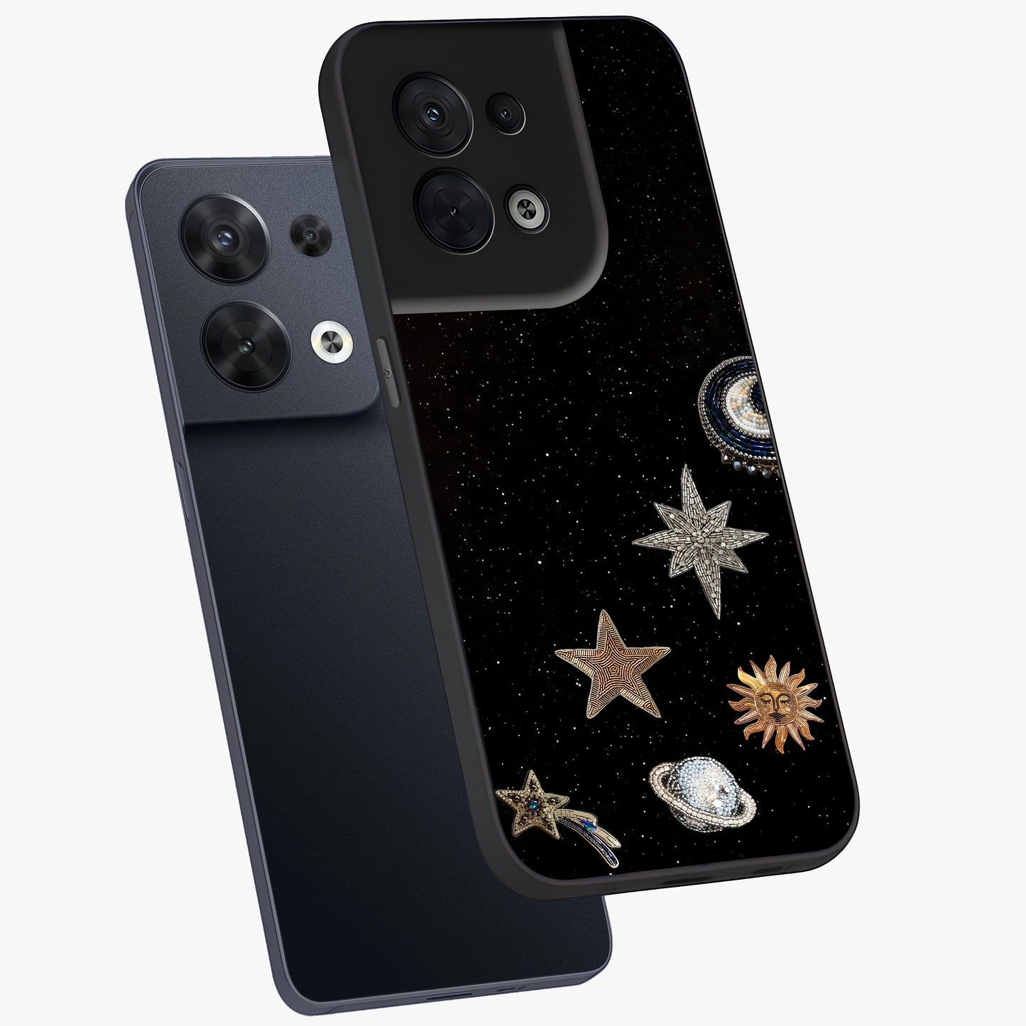Galactic Charm Glow Glass Case displayed in angled mockup highlighting luminous galaxy inspired design with dreamy aesthetic.