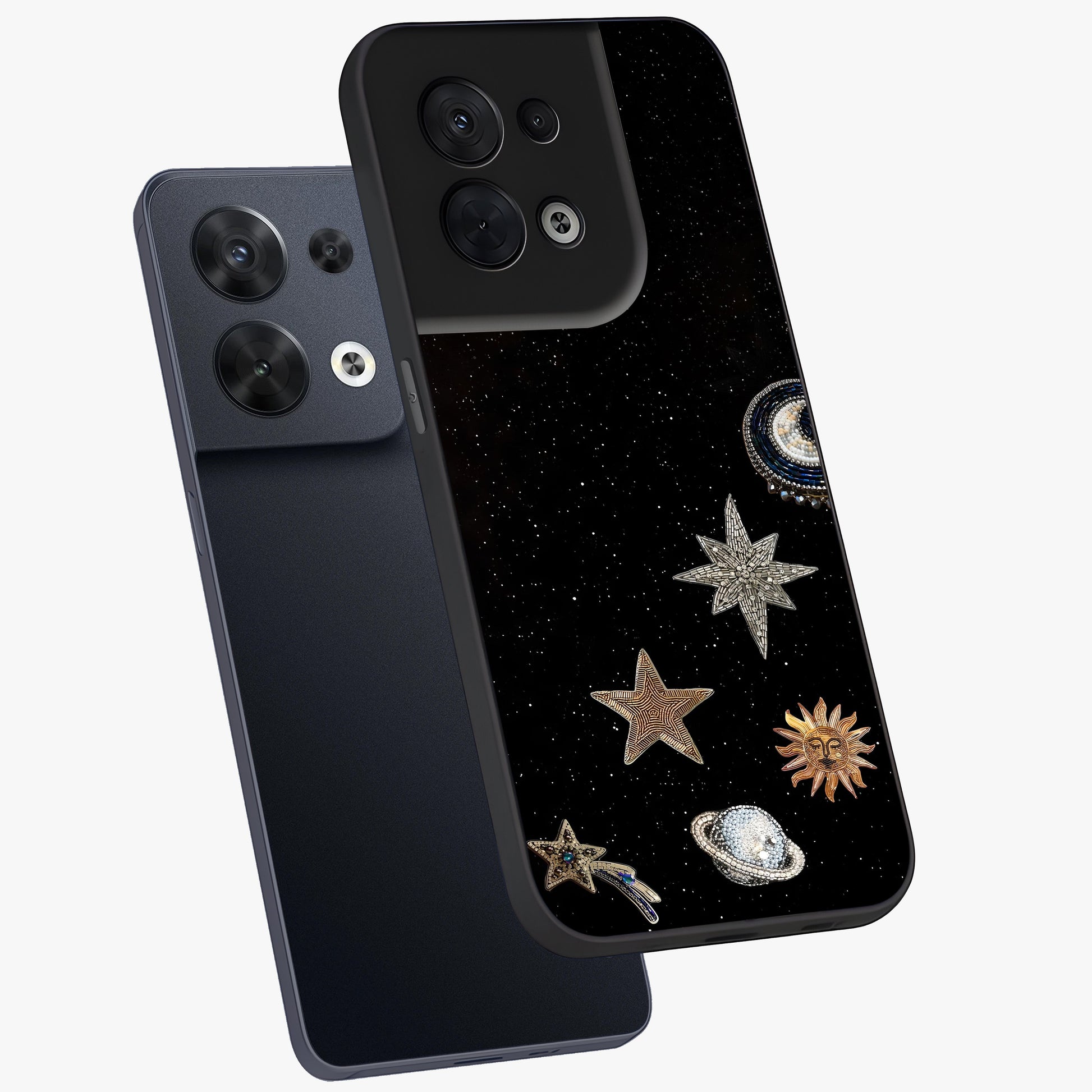 Galactic Charm Glow Glass Case displayed in angled mockup highlighting luminous galaxy inspired design with dreamy aesthetic.