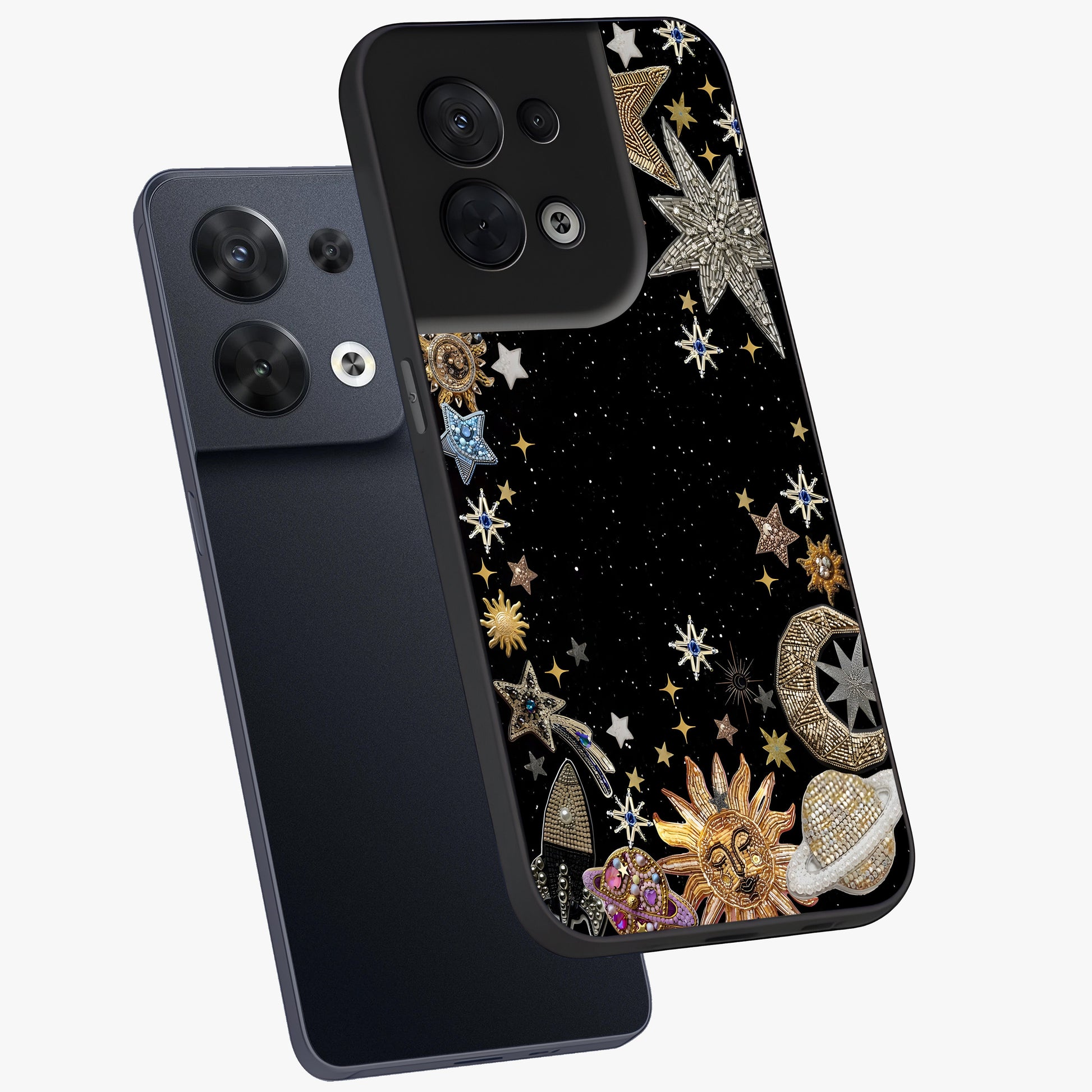 Galactic Jewel Stars Glass Case displayed in angled mockup highlighting shining celestial star design with cosmic aesthetic style.