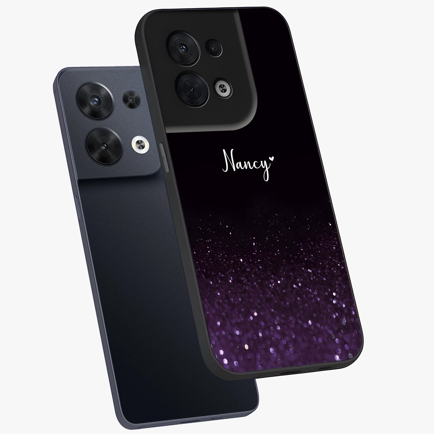Glittery Purple Bokeh Custom Name Glass Case displayed in angled mockup highlighting glitter bokeh pattern with custom name feature.