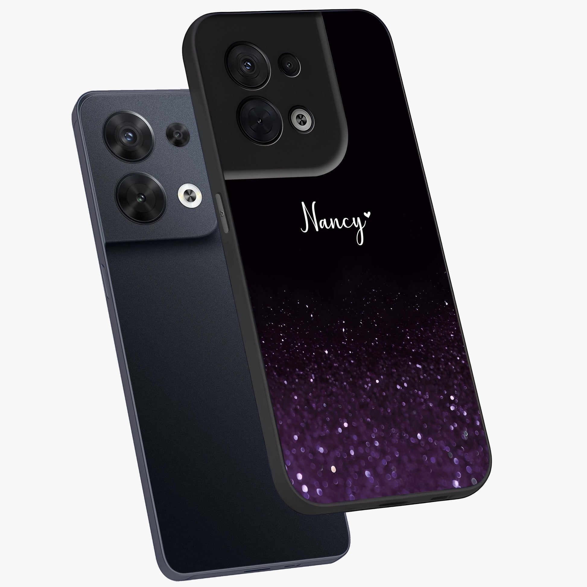 Glittery Purple Bokeh Custom Name Glass Case displayed in angled mockup highlighting glitter bokeh pattern with custom name feature.