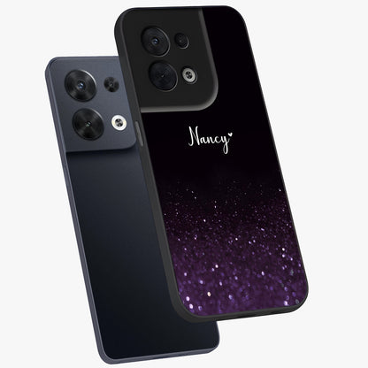 Glittery Purple Bokeh Custom Name Glass Case displayed in angled mockup highlighting glitter bokeh pattern with custom name feature.