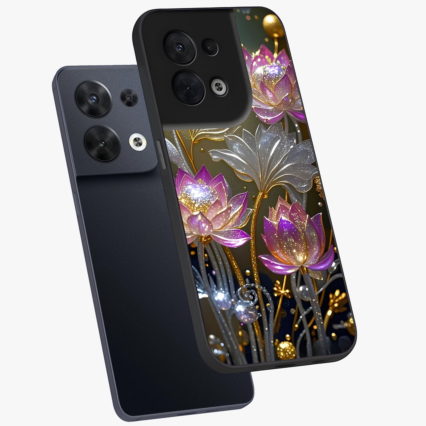 Golden Floral Majesty Glass Case displayed in angled mockup highlighting elegant flower design with royal golden aesthetic.