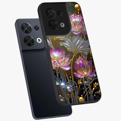 Golden Floral Majesty Glass Case displayed in angled mockup highlighting elegant flower design with royal golden aesthetic.