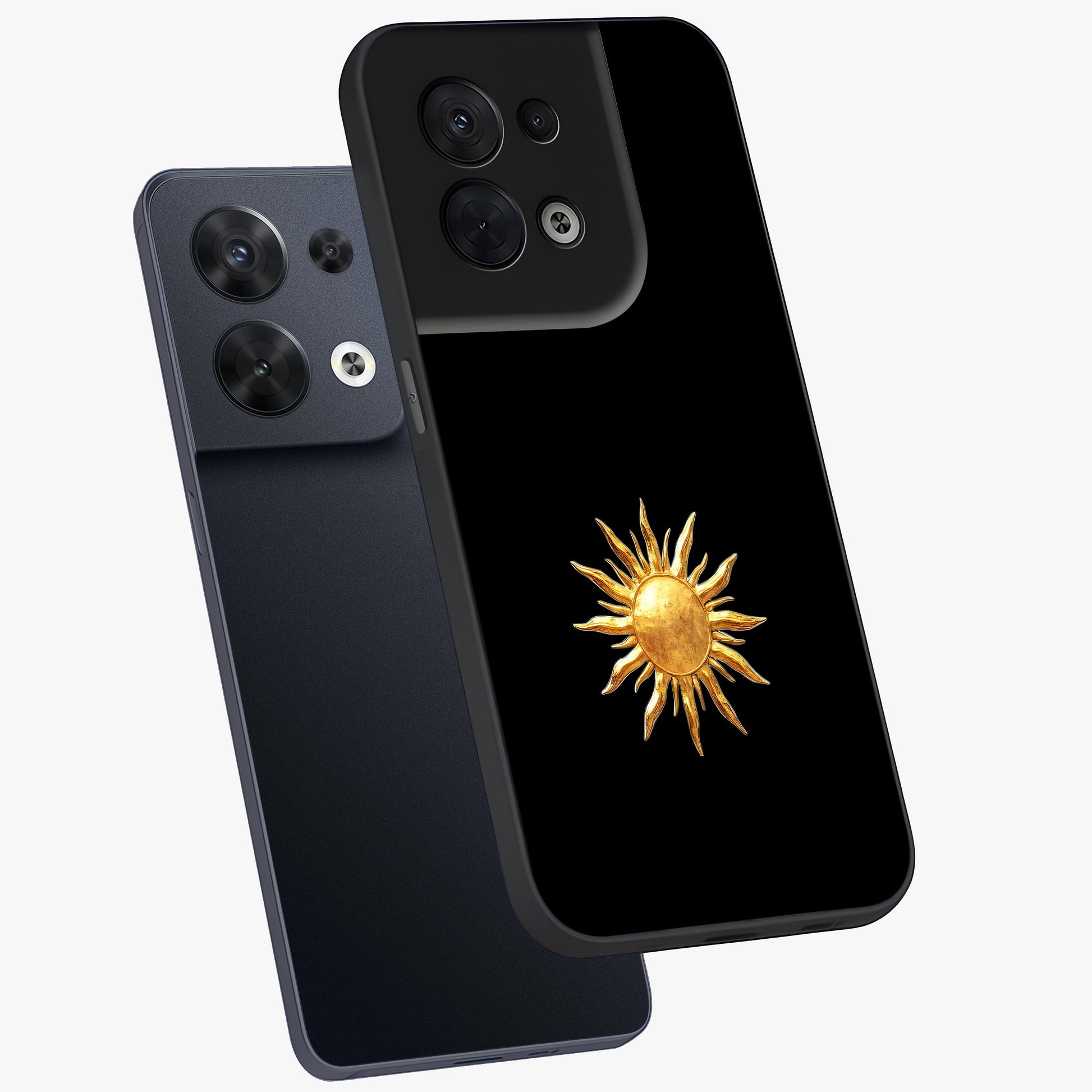 Golden Sun Minimalism Glass Case displayed in angled mockup highlighting eerie shadow illustration with gothic aesthetic.