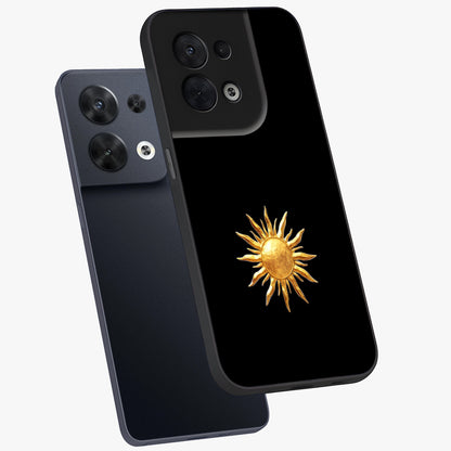 Golden Sun Minimalism Glass Case displayed in angled mockup highlighting eerie shadow illustration with gothic aesthetic.