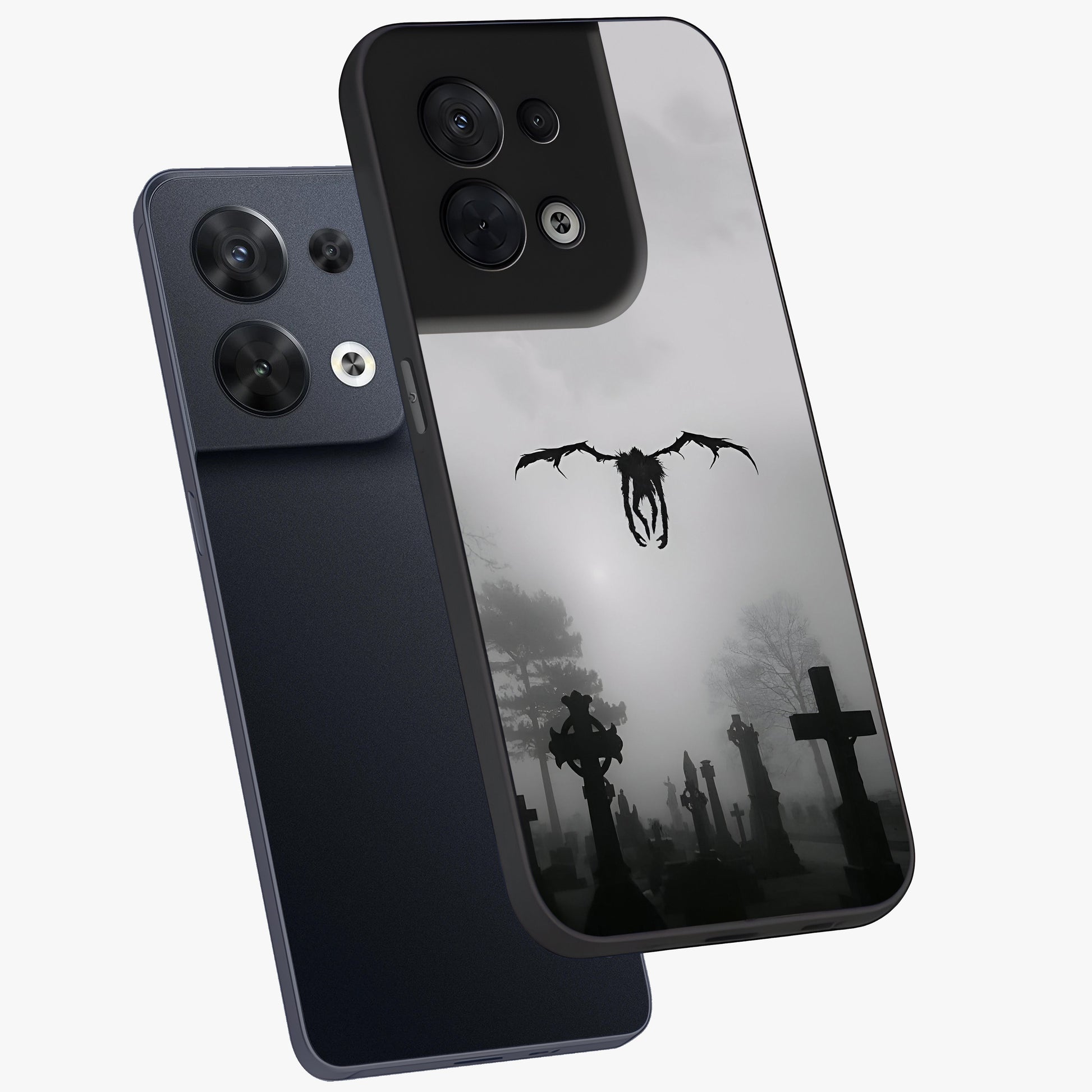 Graveyard Shadow Descent Glass Case displayed in angled mockup highlighting eerie shadow illustration with gothic aesthetic.