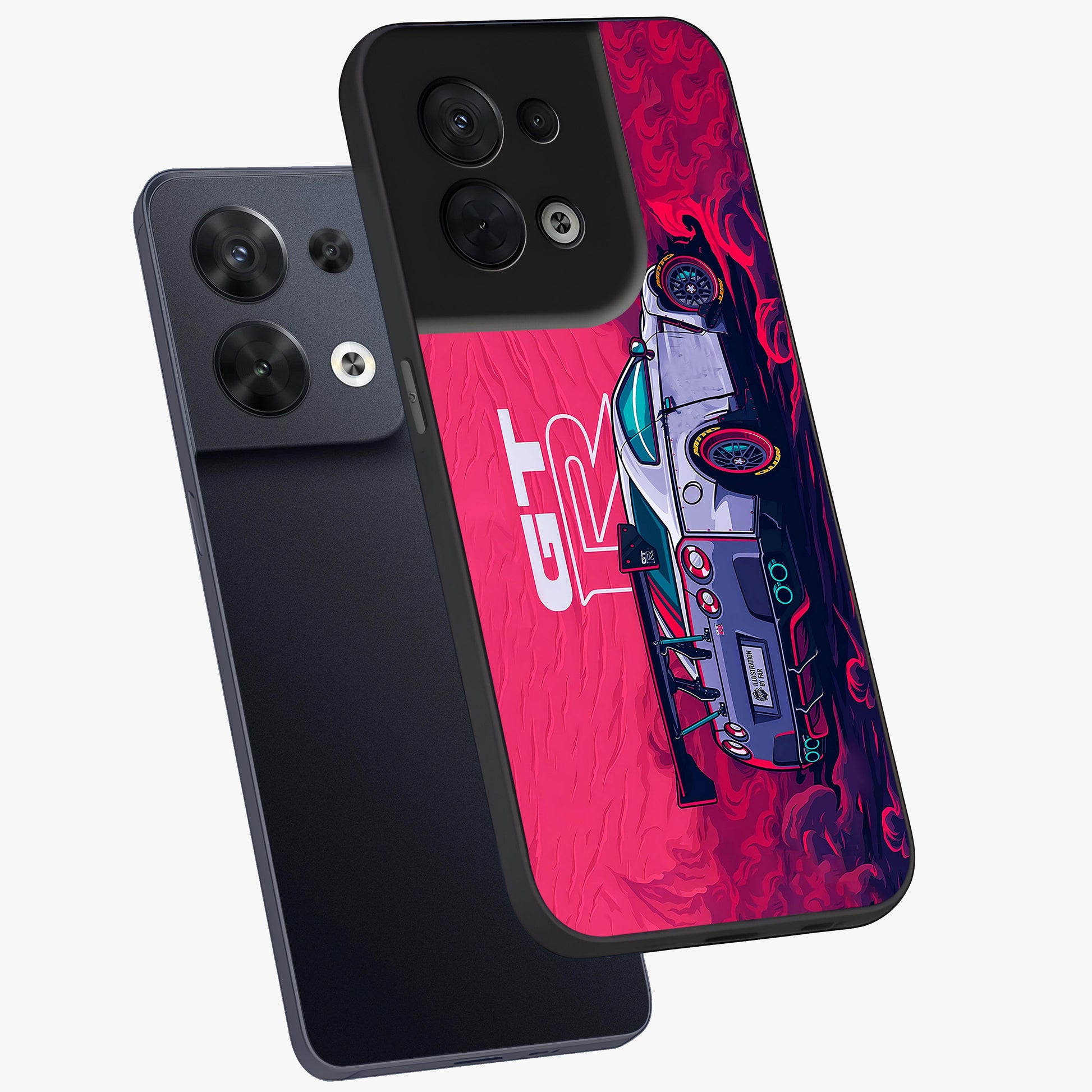 GT-R Car Pattern Glass Case displayed in angled mockup highlighting racing car graphic design with bold automotive aesthetic.