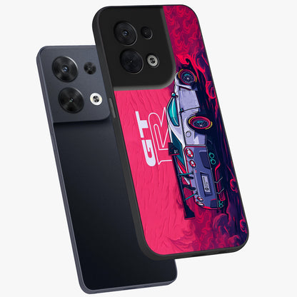GT-R Car Pattern Glass Case displayed in angled mockup highlighting racing car graphic design with bold automotive aesthetic.