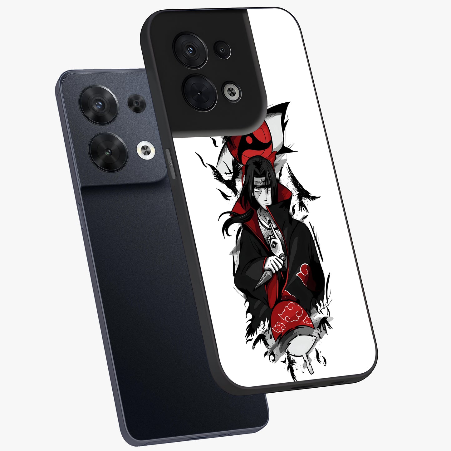 Itachi Limited Edition Naruto Anime Glass Case displayed in angled mockup highlighting dramatic anime illustration with bold action aesthetic.