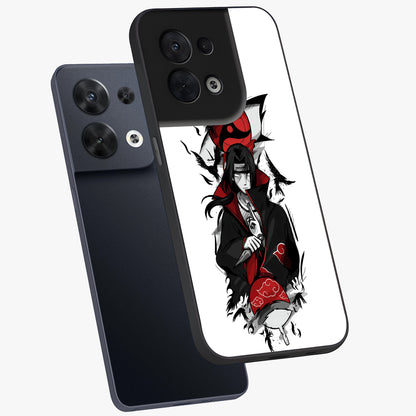 Itachi Limited Edition Naruto Anime Glass Case displayed in angled mockup highlighting dramatic anime illustration with bold action aesthetic.