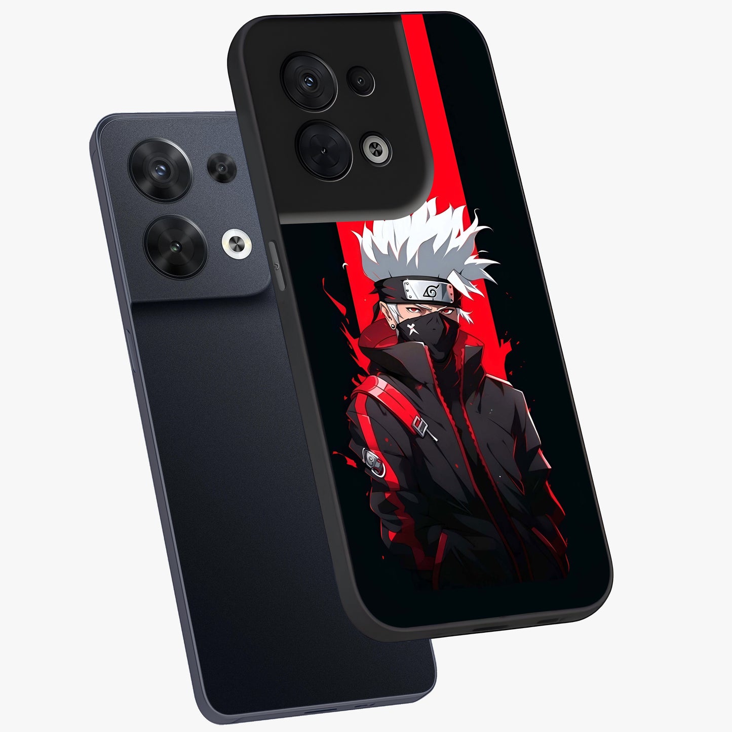 Kakashi Scarlet Shadow Glass Case displayed in angled mockup highlighting dramatic ninja illustration with scarlet themed aesthetic.
