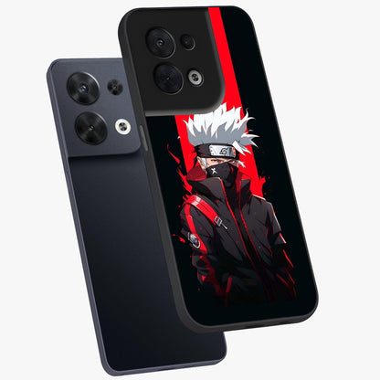 Kakashi Scarlet Shadow Glass Case displayed in angled mockup highlighting dramatic ninja illustration with scarlet themed aesthetic.