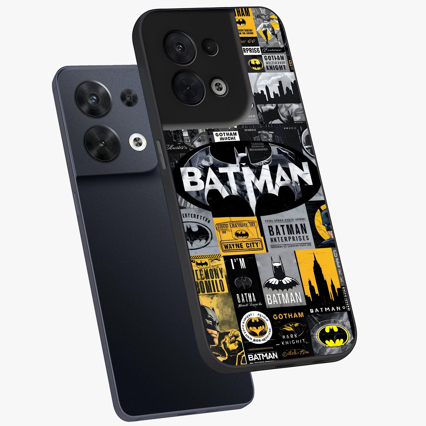 Knight Gotham Rise Glass Case displayed in angled mockup highlighting powerful knight silhouette design with dramatic aesthetic.