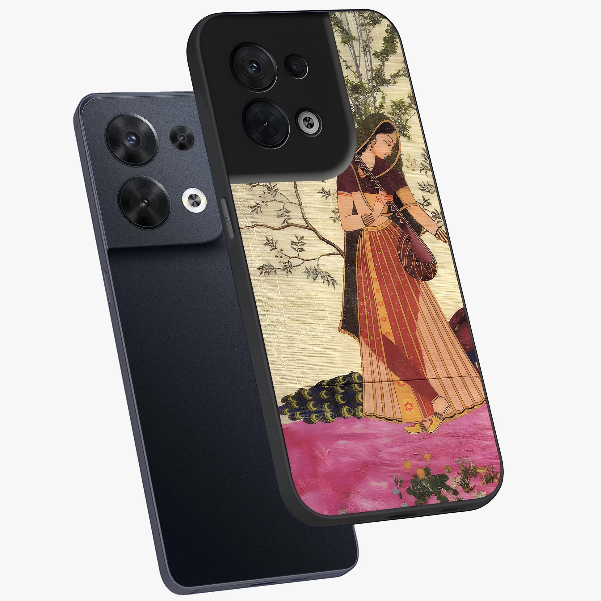 Lady With Veena Art Glass Case displayed in angled mockup highlighting graceful musical illustration with cultural artistic aesthetic.