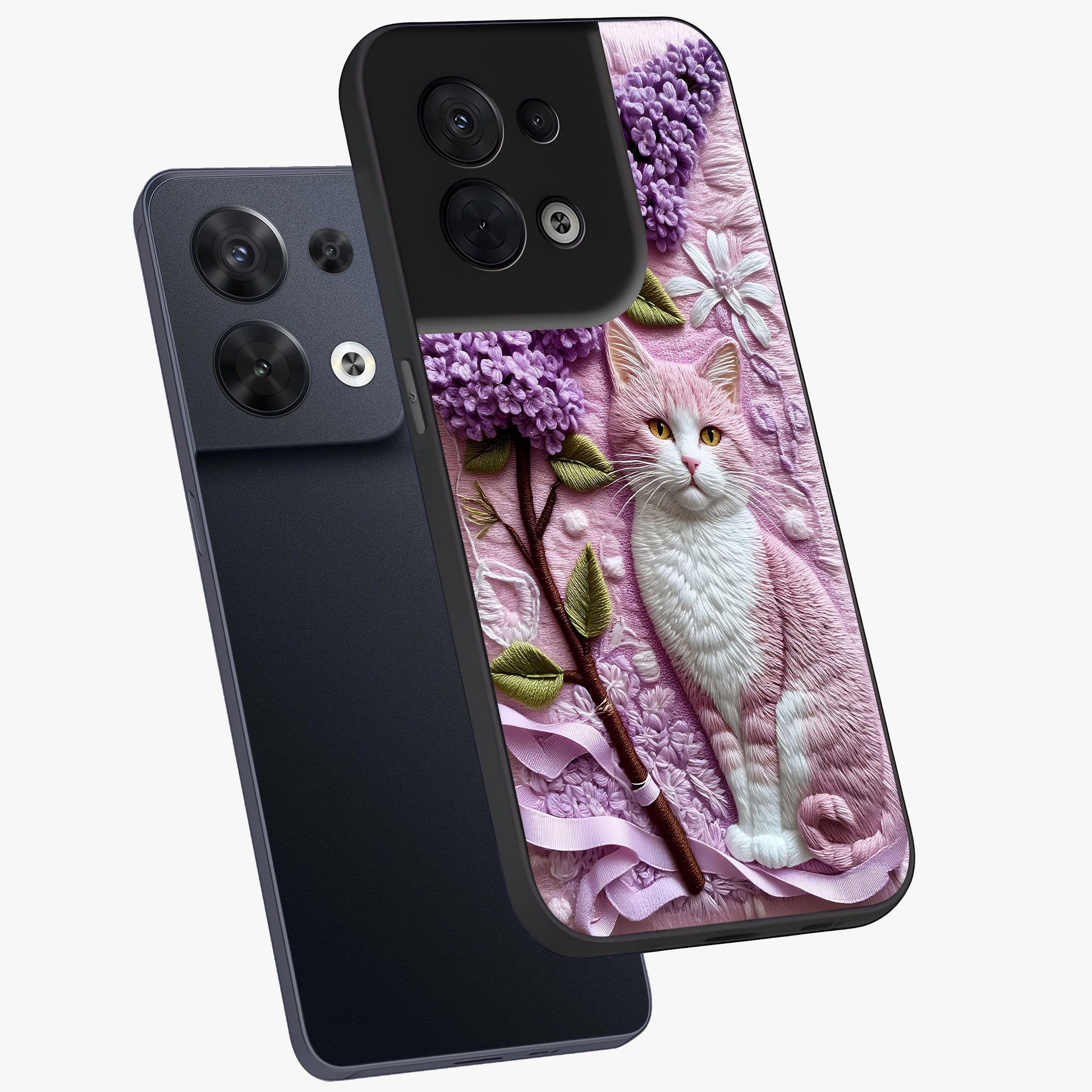 Lavender Cat Whimsy Glass Case displayed in angled mockup highlighting playful feline illustration with pastel lavender aesthetic.