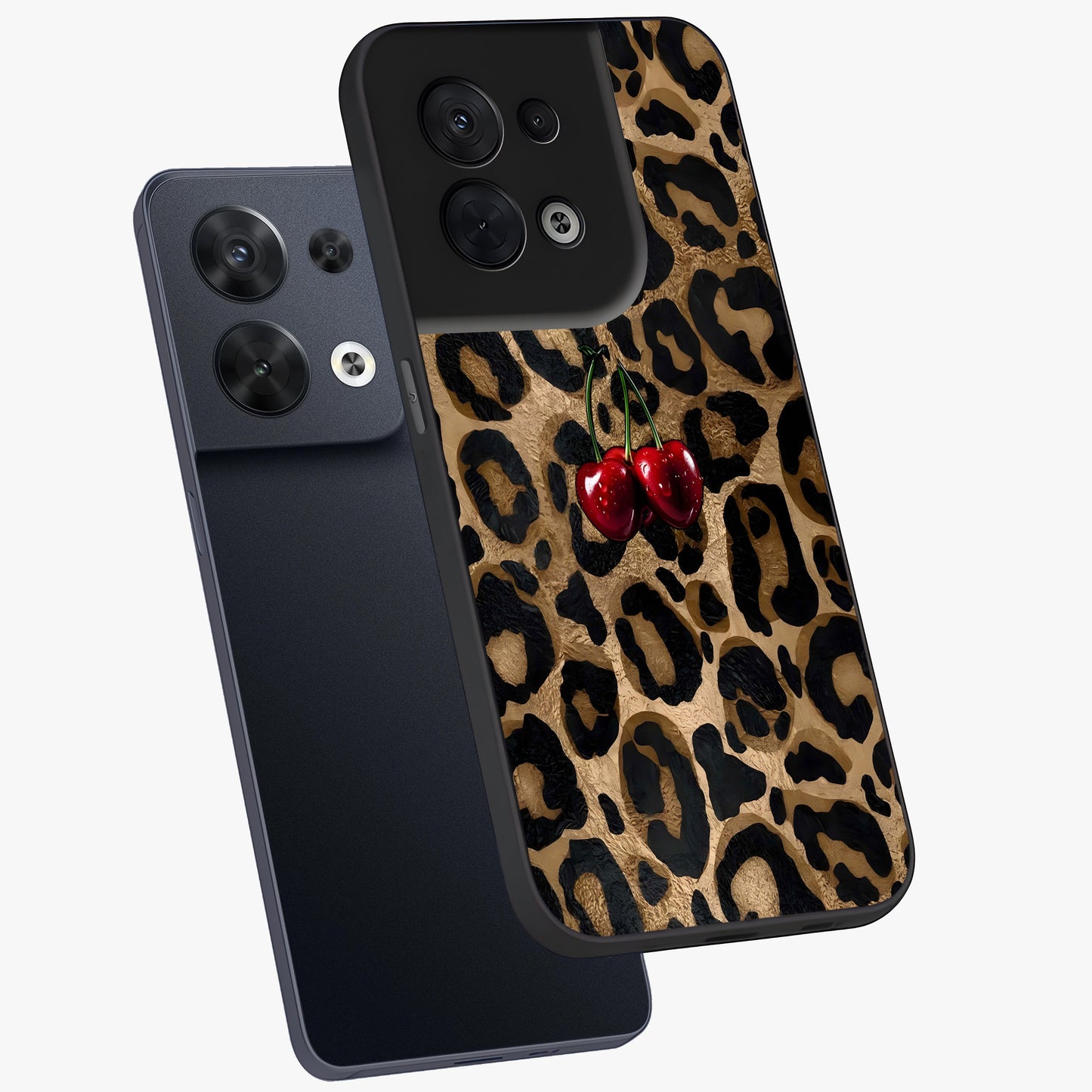 Leopard Wild Cherry Glass Case displayed in angled mockup highlighting bold animal print design with playful cherry aesthetic.