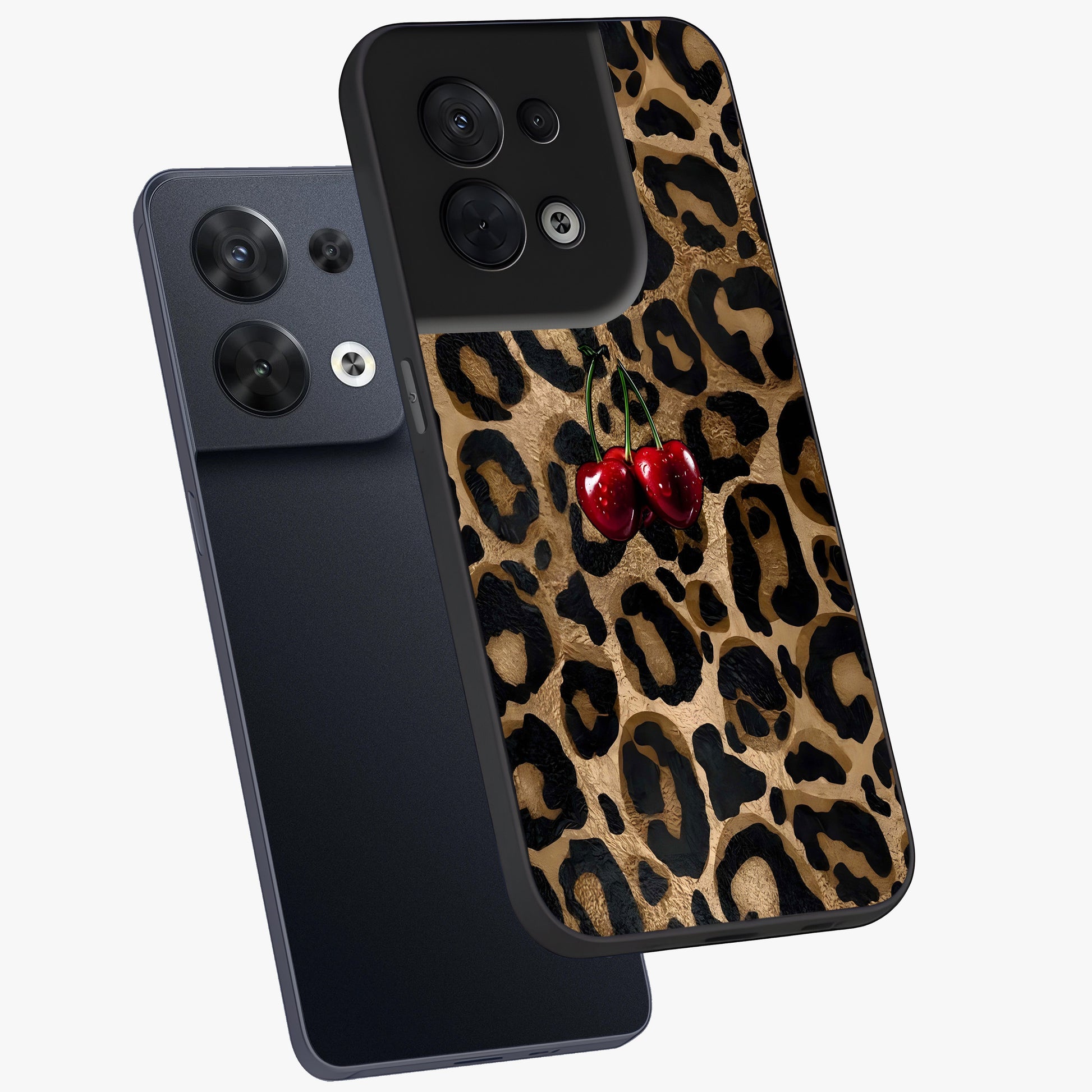 Leopard Wild Cherry Glass Case displayed in angled mockup highlighting bold animal print design with playful cherry aesthetic.