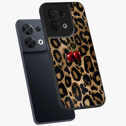 Leopard Wild Cherry Glass Case displayed in angled mockup highlighting bold animal print design with playful cherry aesthetic.