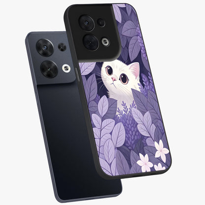 Lilac Hide Peek Cat Glass Case displayed in angled mockup highlighting playful feline illustration with lilac aesthetic design.