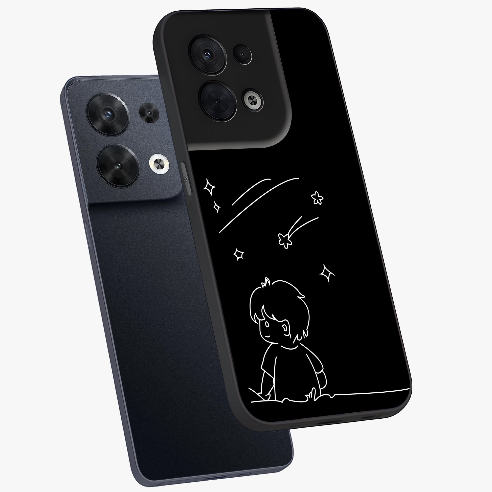 Line Art Boy With Shooting Stars Glass Case displayed in angled mockup highlighting elegant line art design with dreamy star aesthetic.