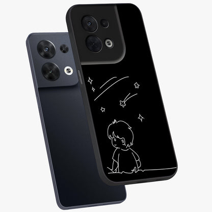 Line Art Boy With Shooting Stars Glass Case displayed in angled mockup highlighting elegant line art design with dreamy star aesthetic.