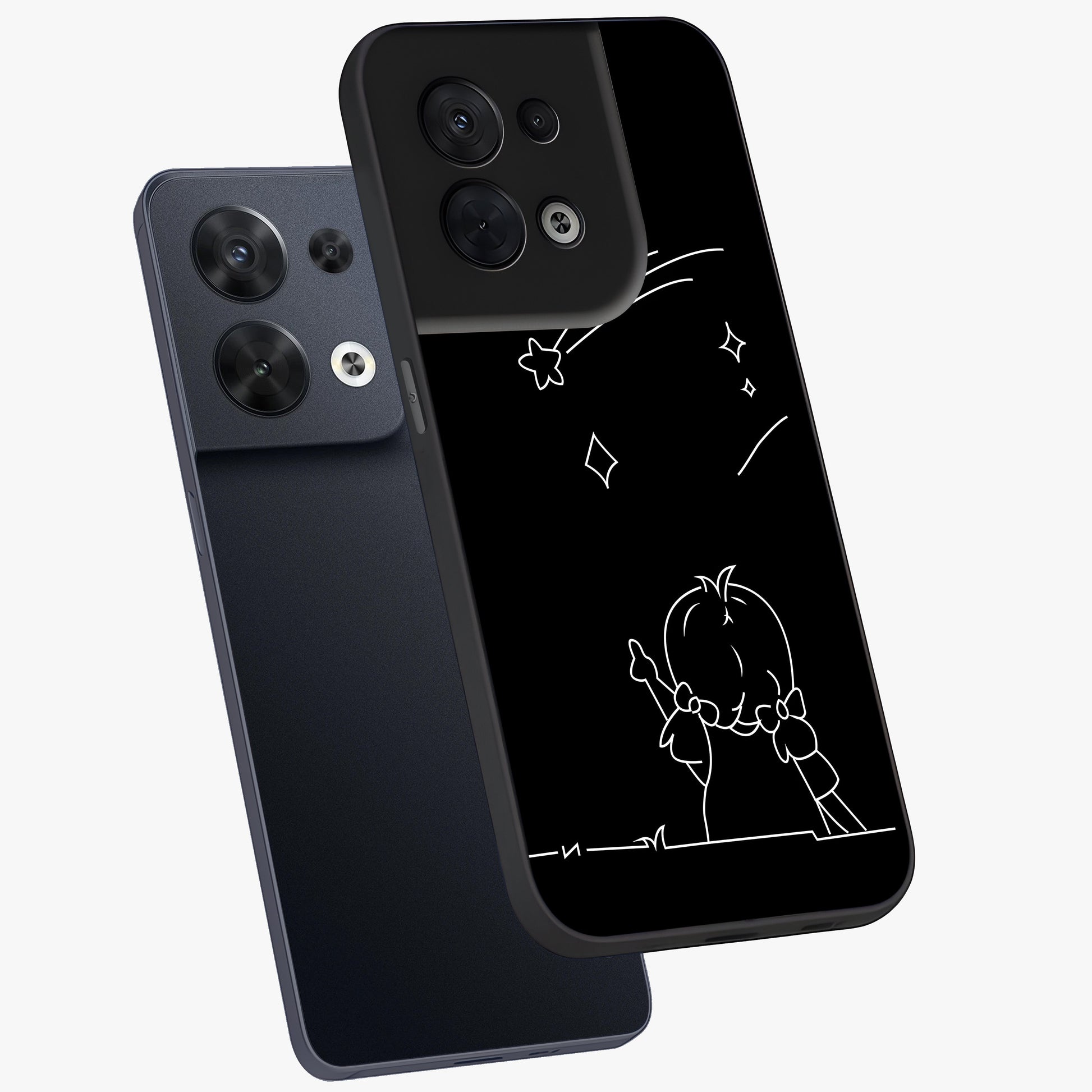 Line Art Girl With Shooting Stars Glass Case displayed in angled mockup highlighting elegant line art design with dreamy star aesthetic.