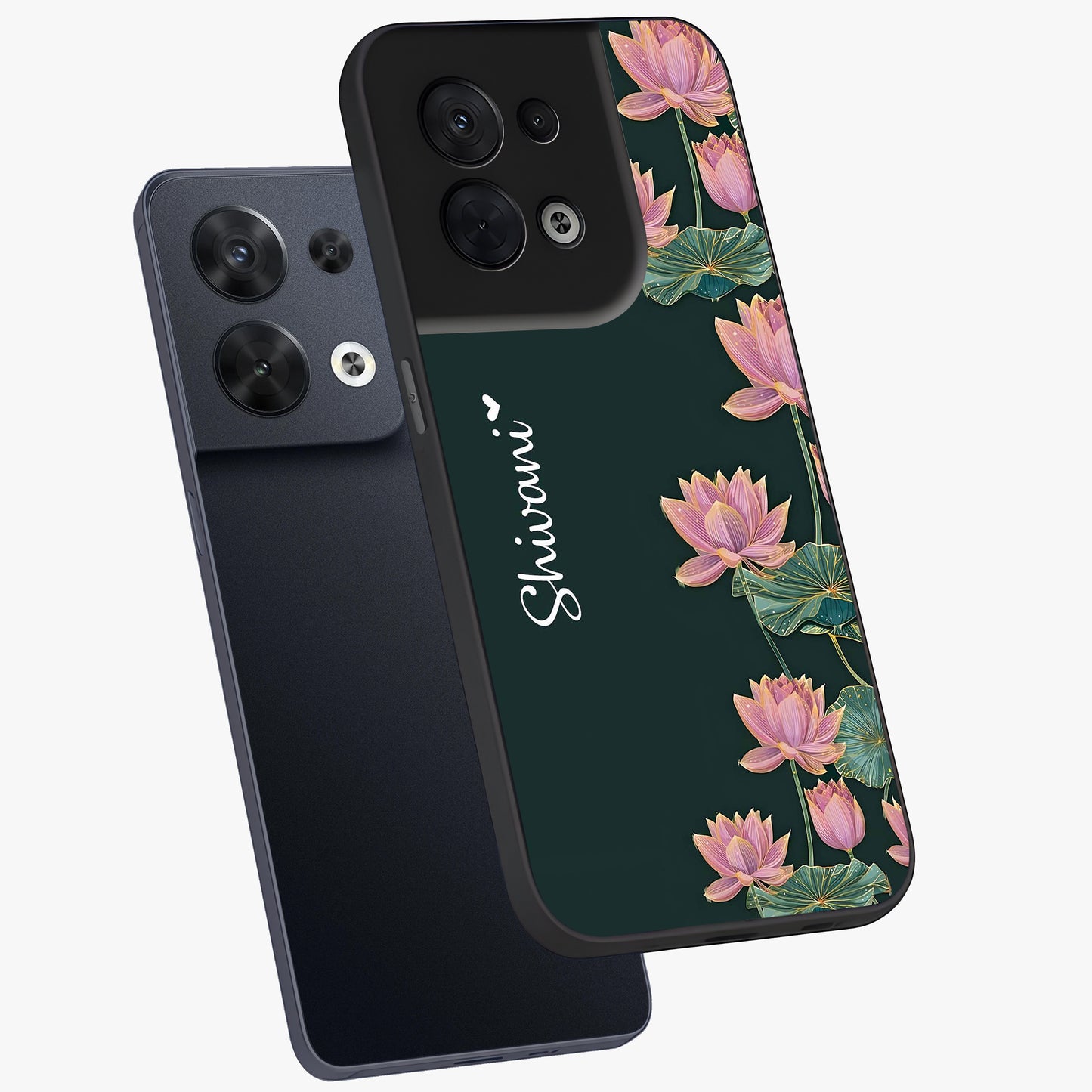 Lotus Bloom Serenity Custom Name Glass Case displayed in angled mockup highlighting graceful lotus illustration with custom name feature.