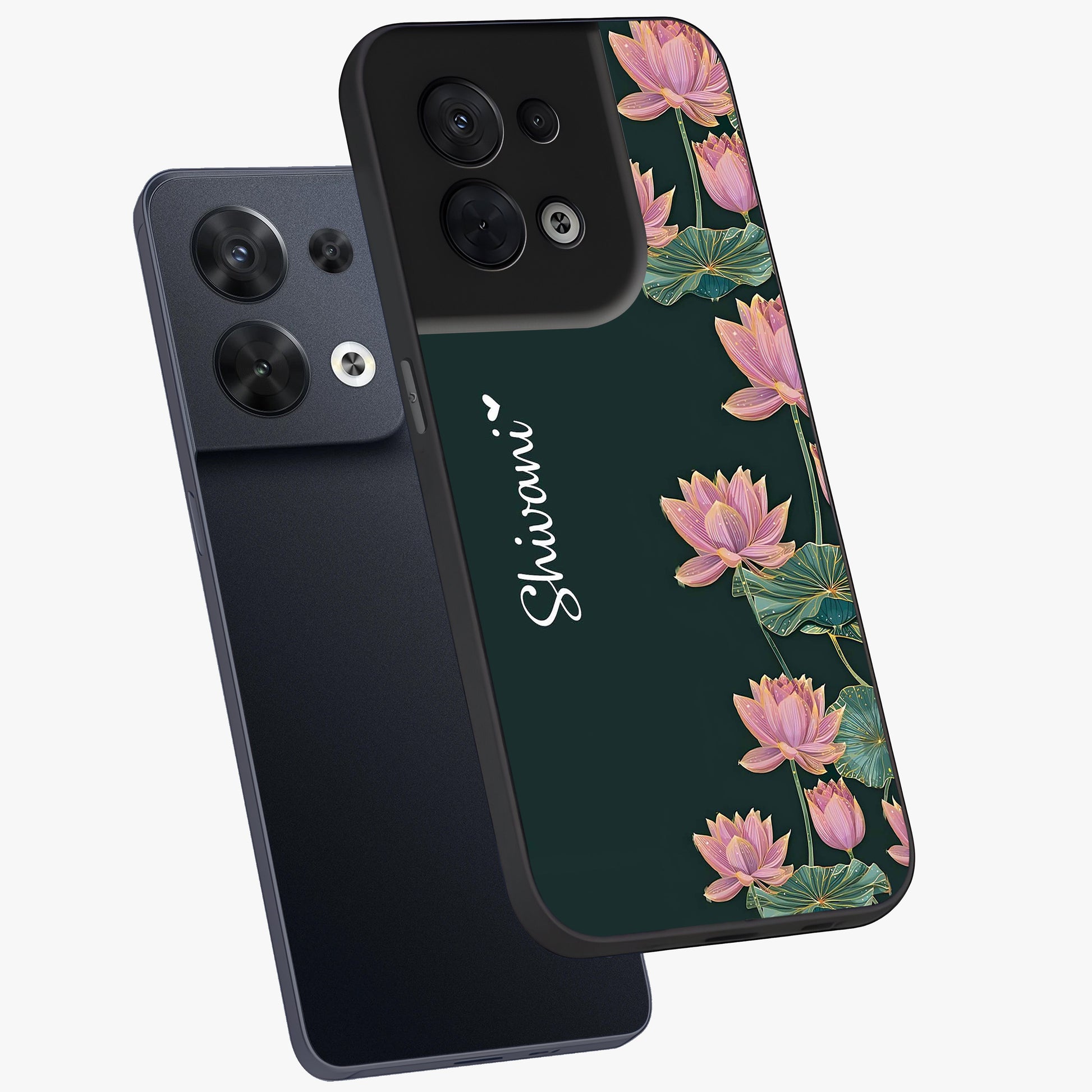 Lotus Bloom Serenity Custom Name Glass Case displayed in angled mockup highlighting graceful lotus illustration with custom name feature.