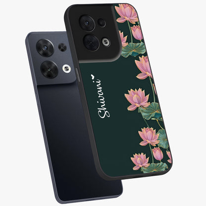 Lotus Bloom Serenity Custom Name Glass Case displayed in angled mockup highlighting graceful lotus illustration with custom name feature.