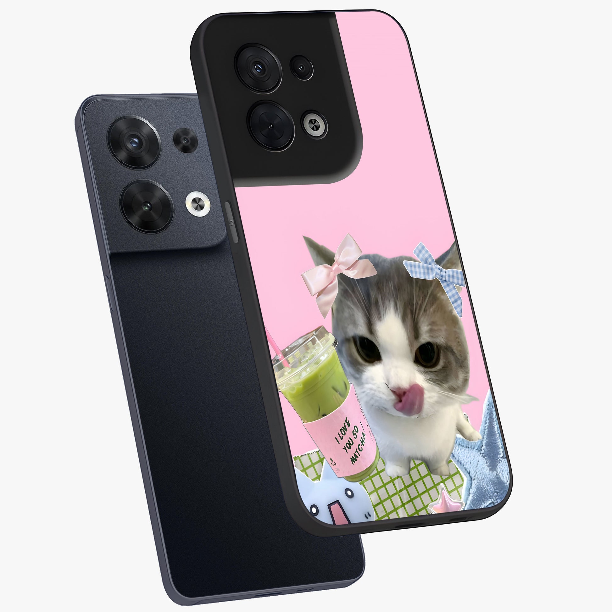 Love Matcha Cat Glass Case displayed in angled mockup highlighting playful feline illustration with cozy matcha aesthetic.