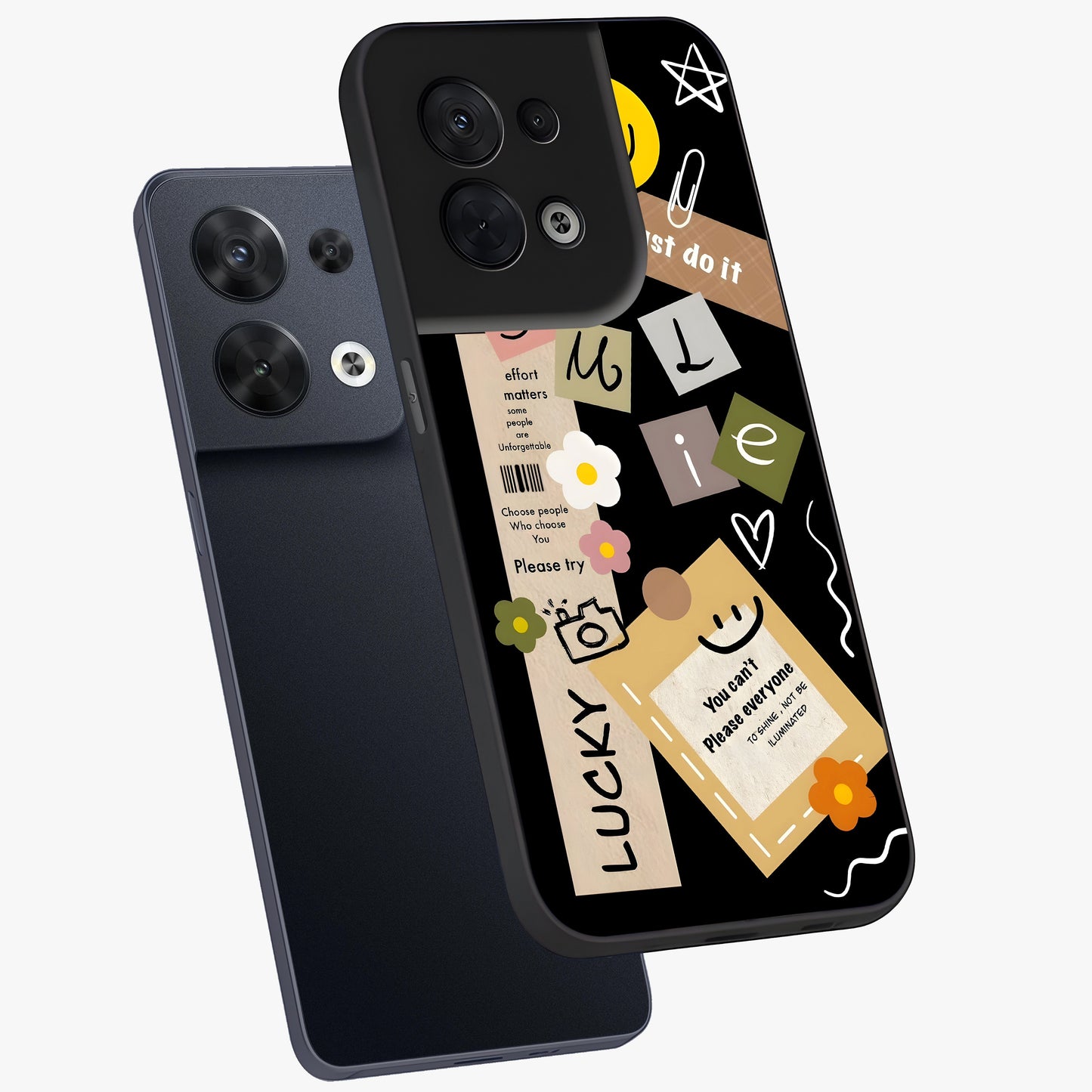 Lucky Aesthetic Collage Glass Case displayed in angled mockup highlighting stylish collage pattern with modern aesthetic vibe.