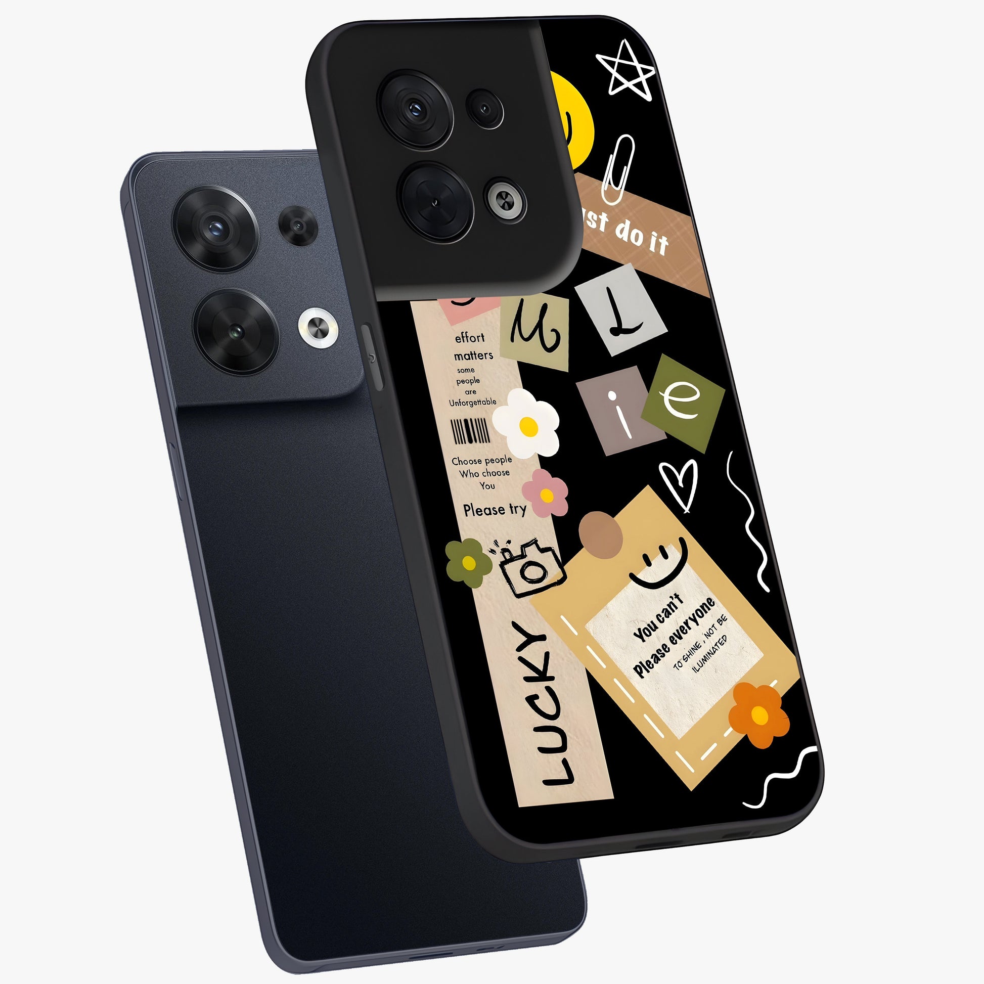 Lucky Aesthetic Collage Glass Case displayed in angled mockup highlighting stylish collage pattern with modern aesthetic vibe.
