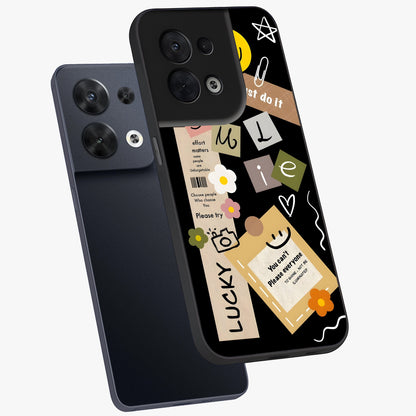 Lucky Aesthetic Collage Glass Case displayed in angled mockup highlighting stylish collage pattern with modern aesthetic vibe.