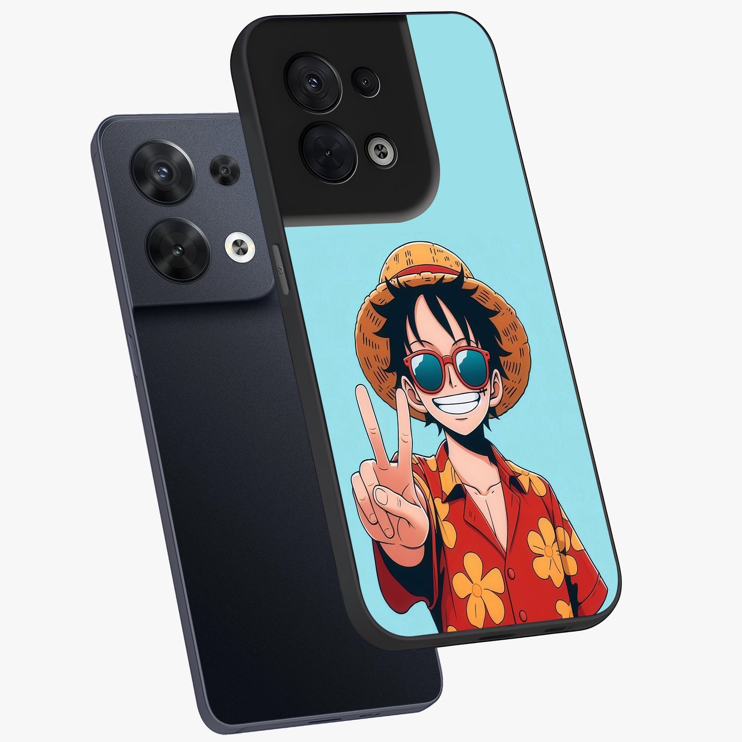 Luffy Summer Anime Vibe Glass Case displayed in angled mockup highlighting energetic anime illustration with summer vibe aesthetic.