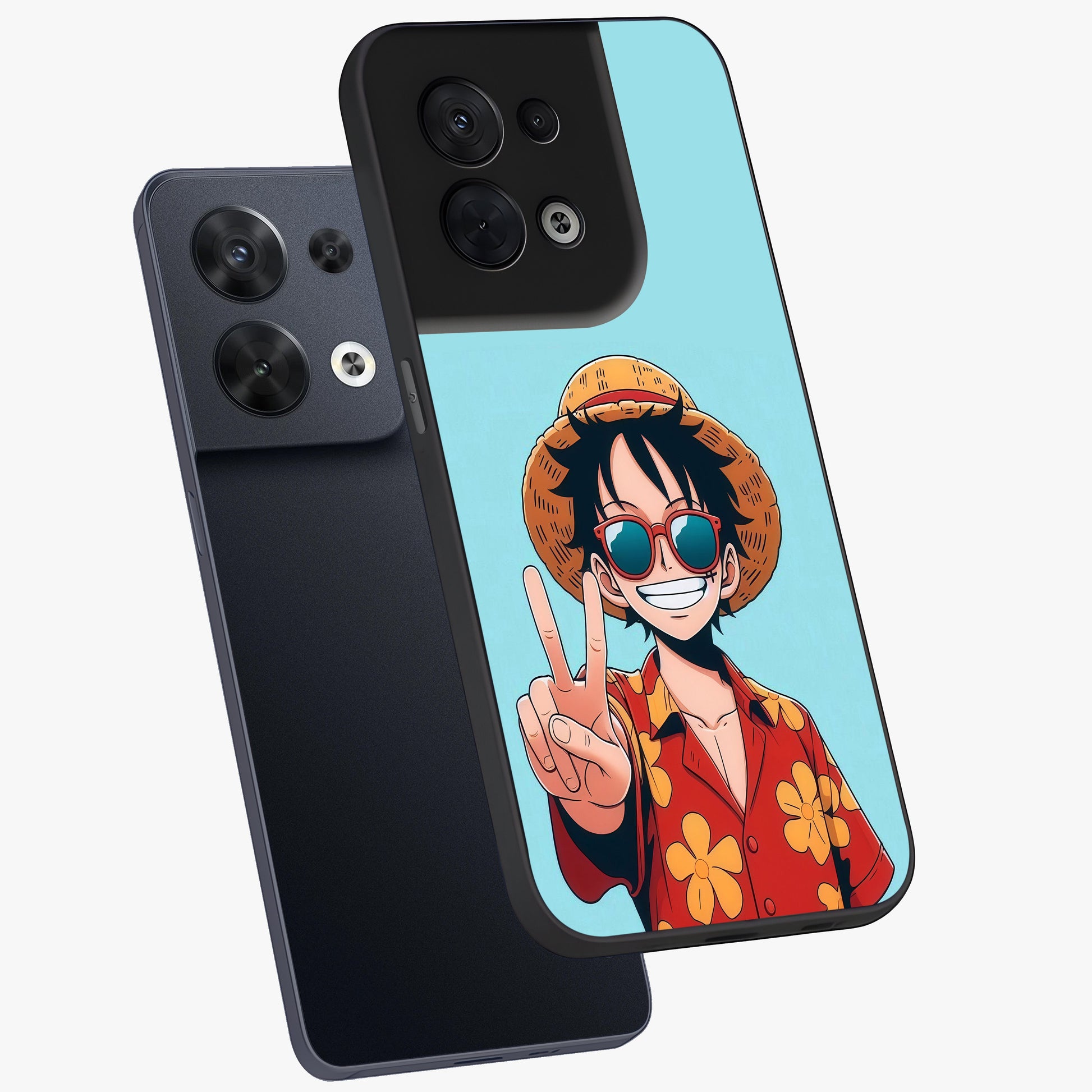 Luffy Summer Anime Vibe Glass Case displayed in angled mockup highlighting energetic anime illustration with summer vibe aesthetic.