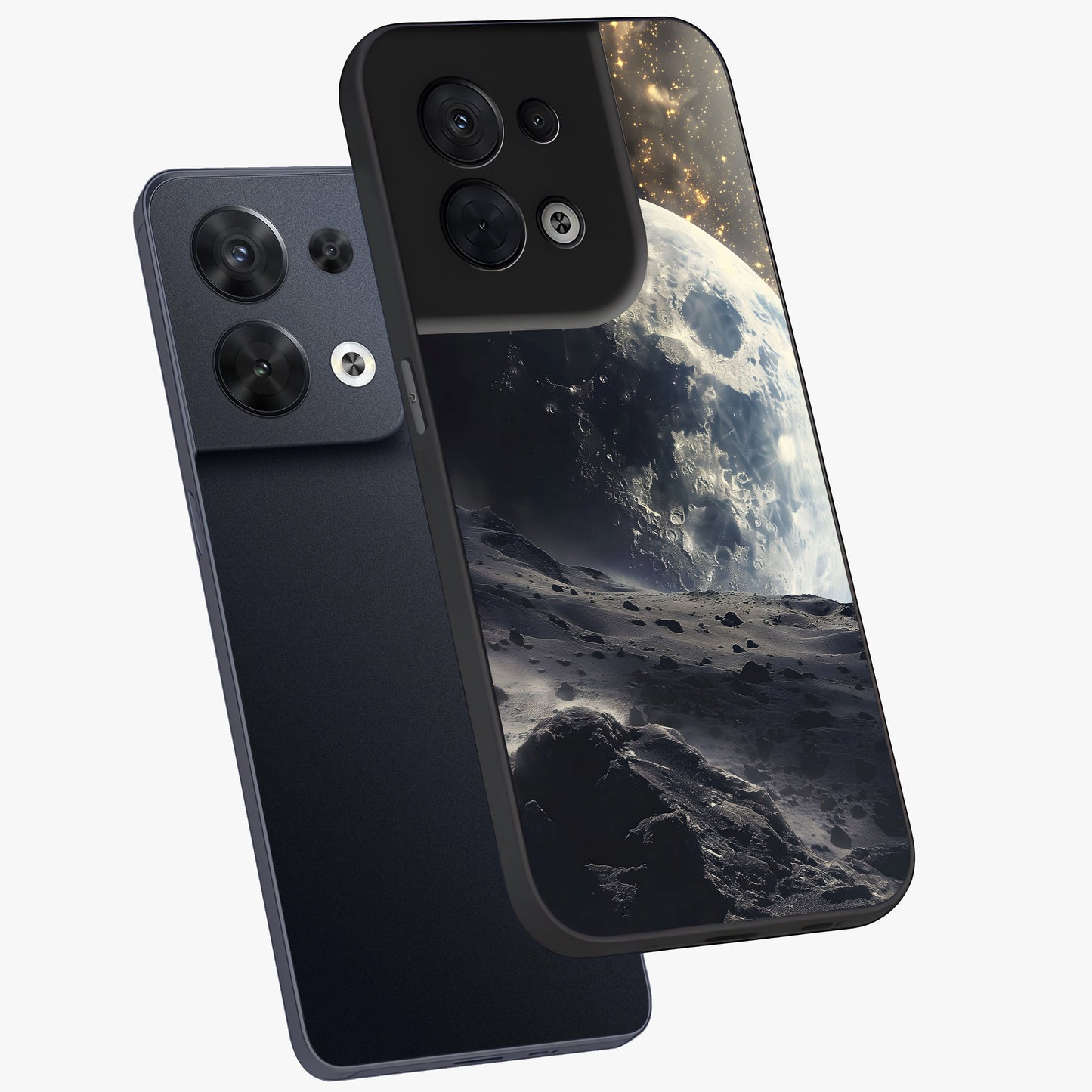 Lunar Horizon Glow Glass Case displayed in angled mockup highlighting celestial moon design with dreamy night aesthetic.