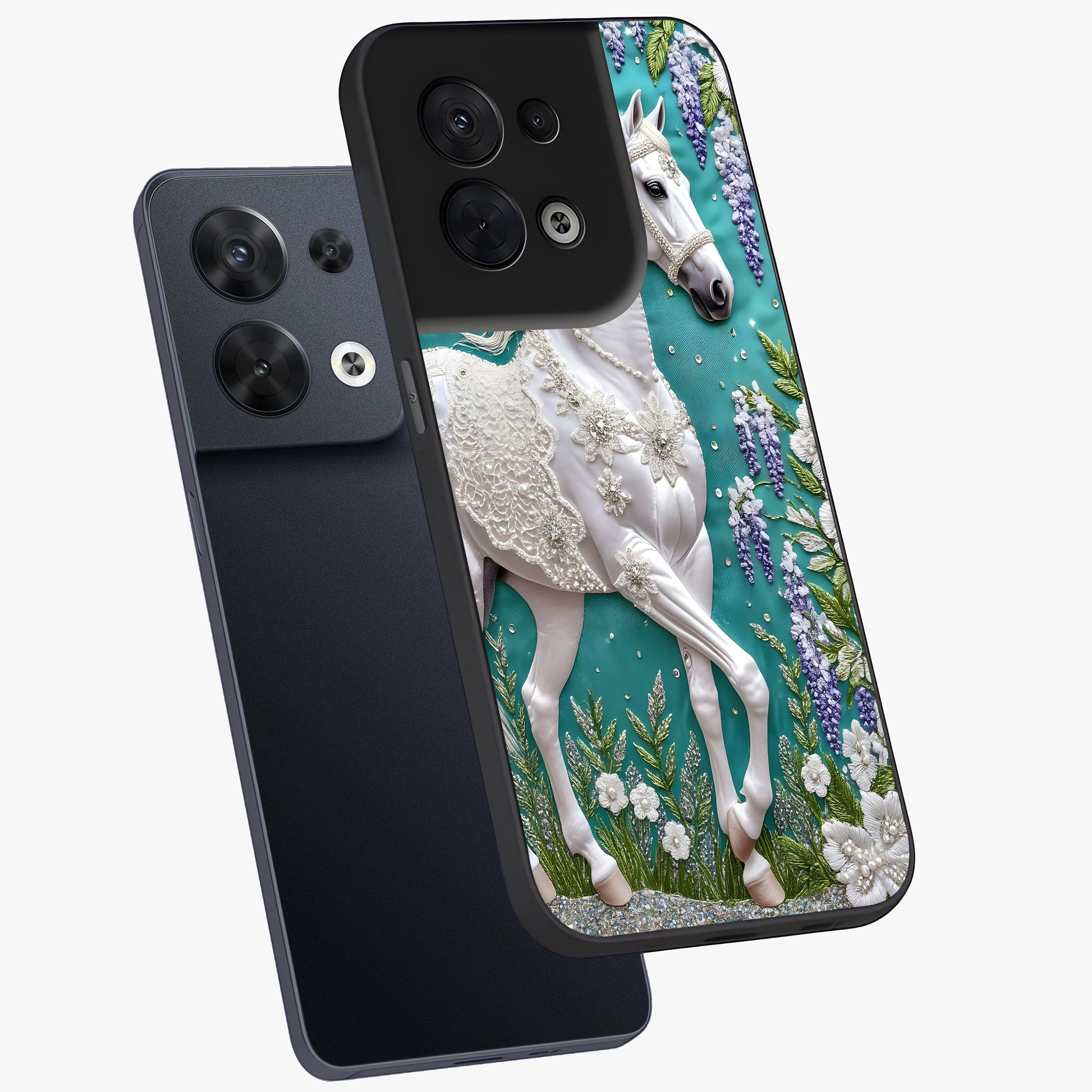 Majestic Floral Stallion Glass Case displayed in angled mockup highlighting majestic stallion illustration with elegant floral aesthetic.
