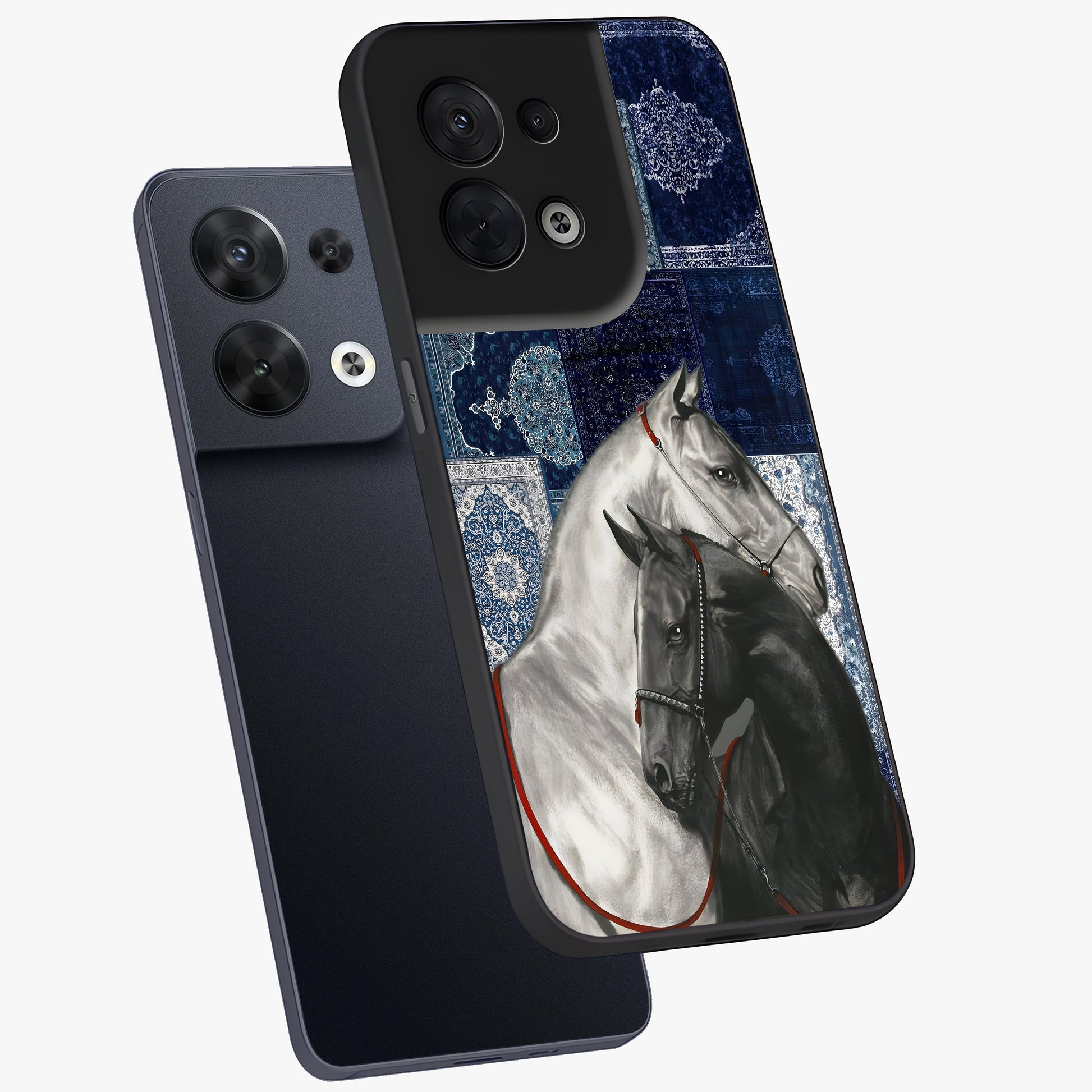 Midnight Stallion Blues Glass Case displayed in angled mockup highlighting powerful stallion illustration with deep midnight tones.