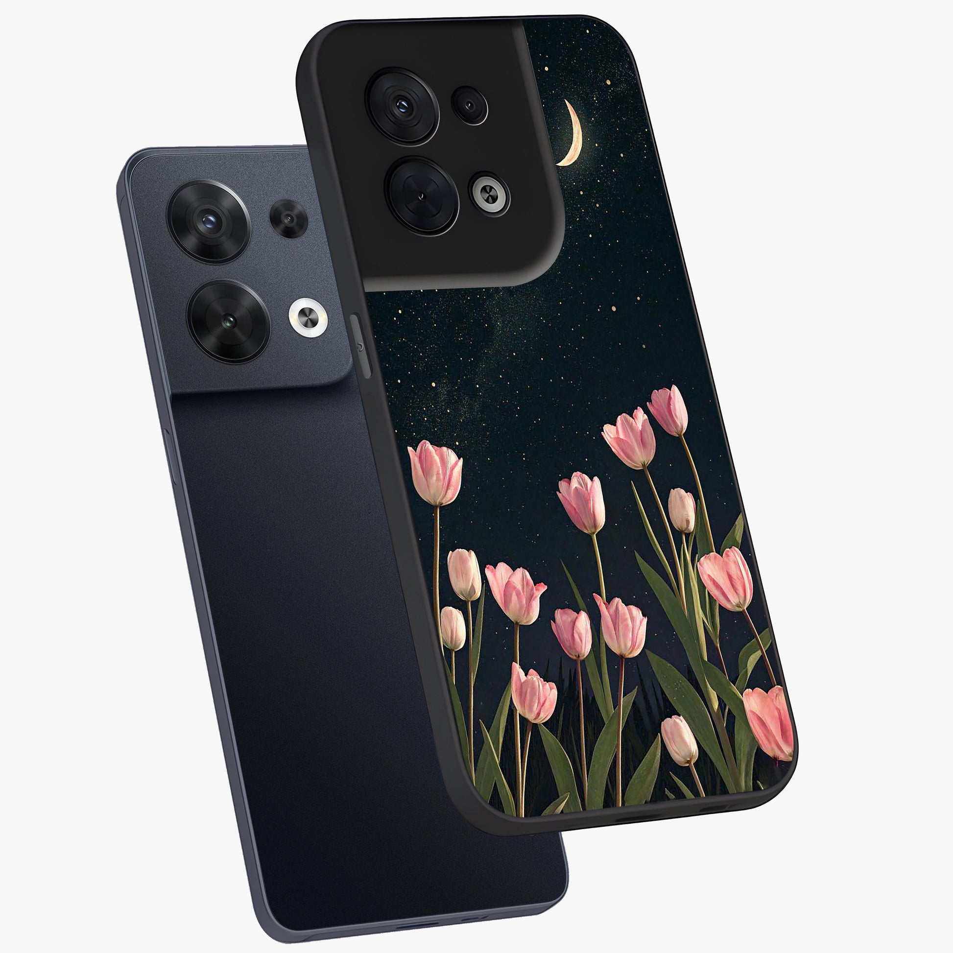 Midnight Tulip Whispers Vibe Glass Case displayed in angled mockup highlighting delicate tulip design with midnight floral aesthetic.