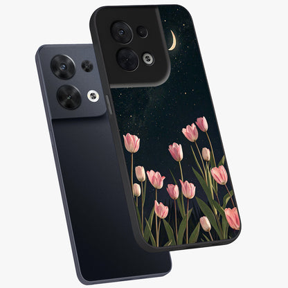 Midnight Tulip Whispers Vibe Glass Case displayed in angled mockup highlighting delicate tulip design with midnight floral aesthetic.