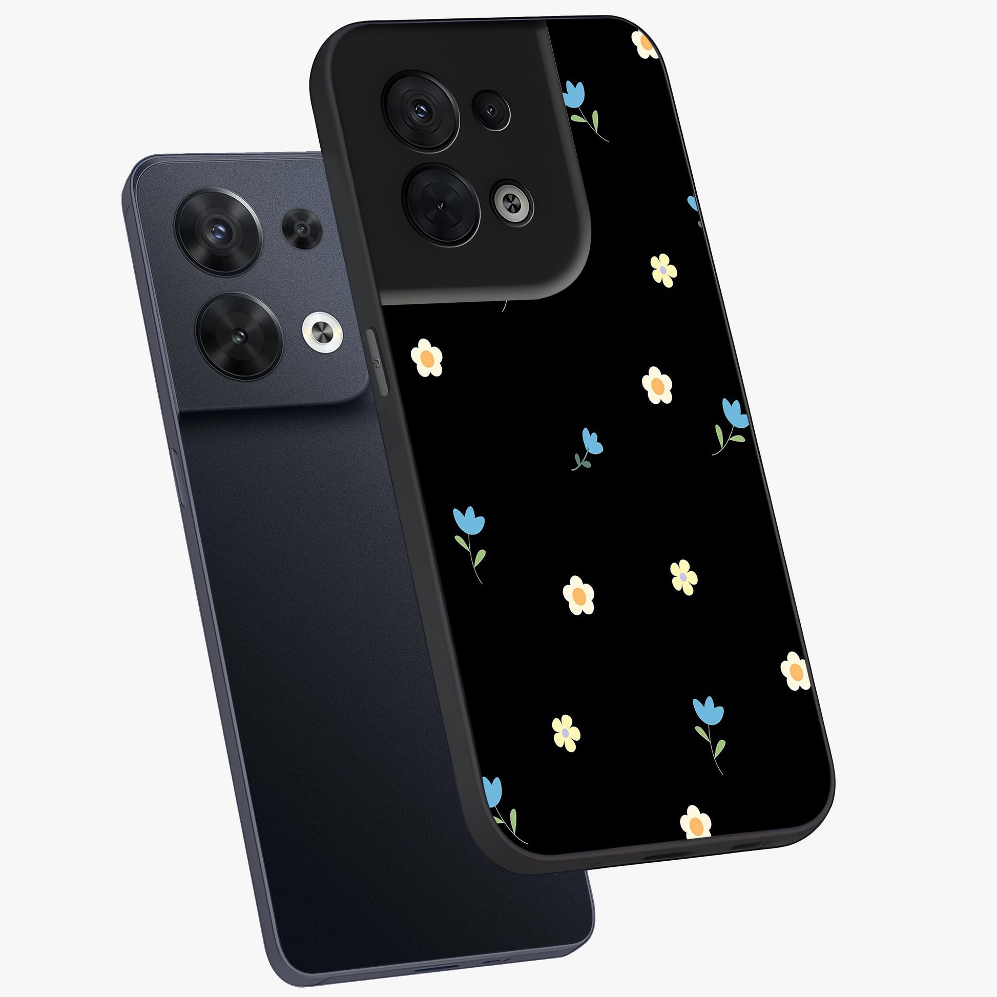 Minimal Petal Whispers Glass Case displayed in angled mockup highlighting delicate petal design with clean minimal aesthetic.