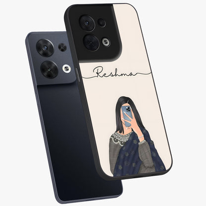 Mirror Mood Muse With Custom Name Glass Case displayed in angled mockup highlighting aesthetic mirror inspired design with custom name feature.