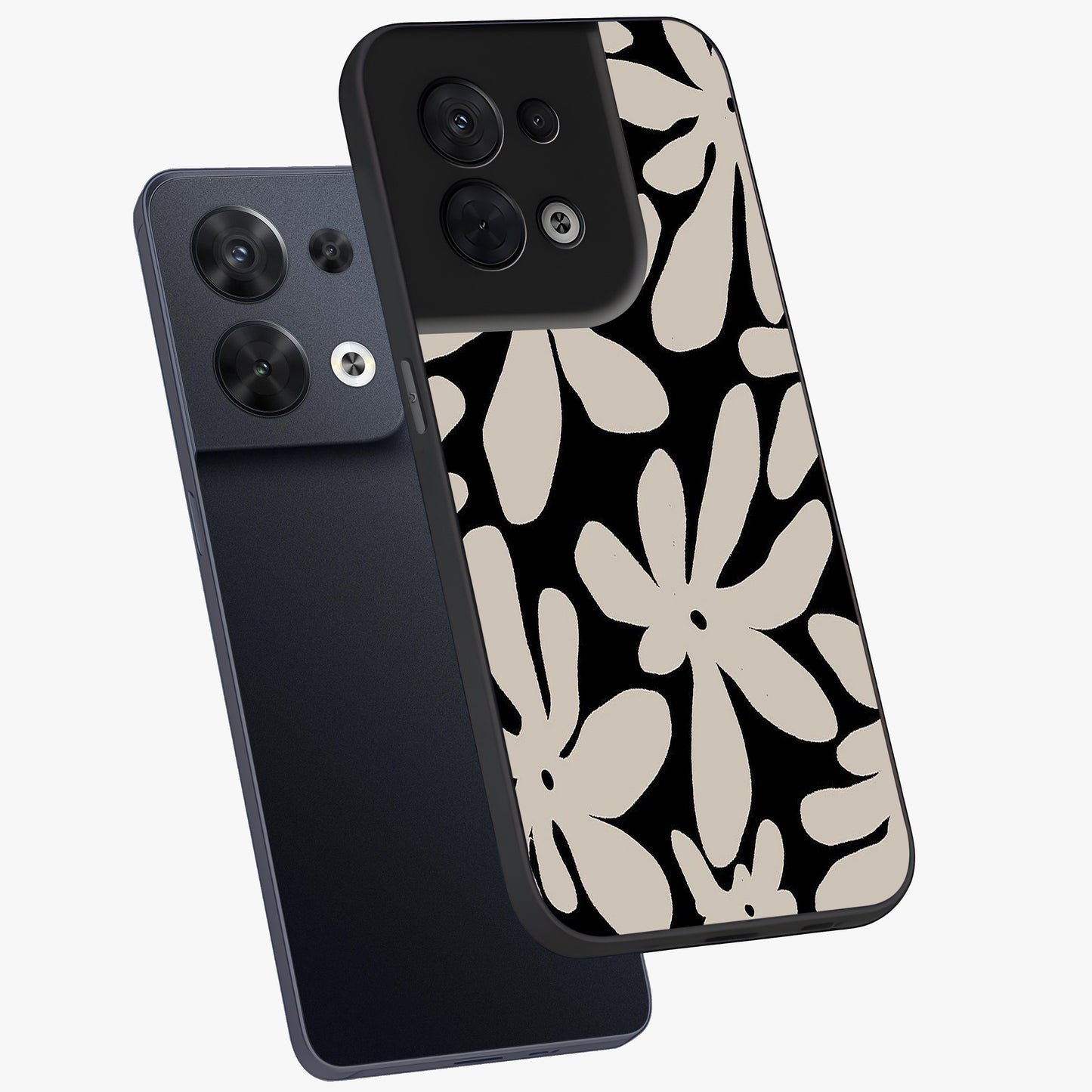 Monochrome Petal Dance Glass Case displayed in angled mockup highlighting elegant petal design with black and white aesthetic.