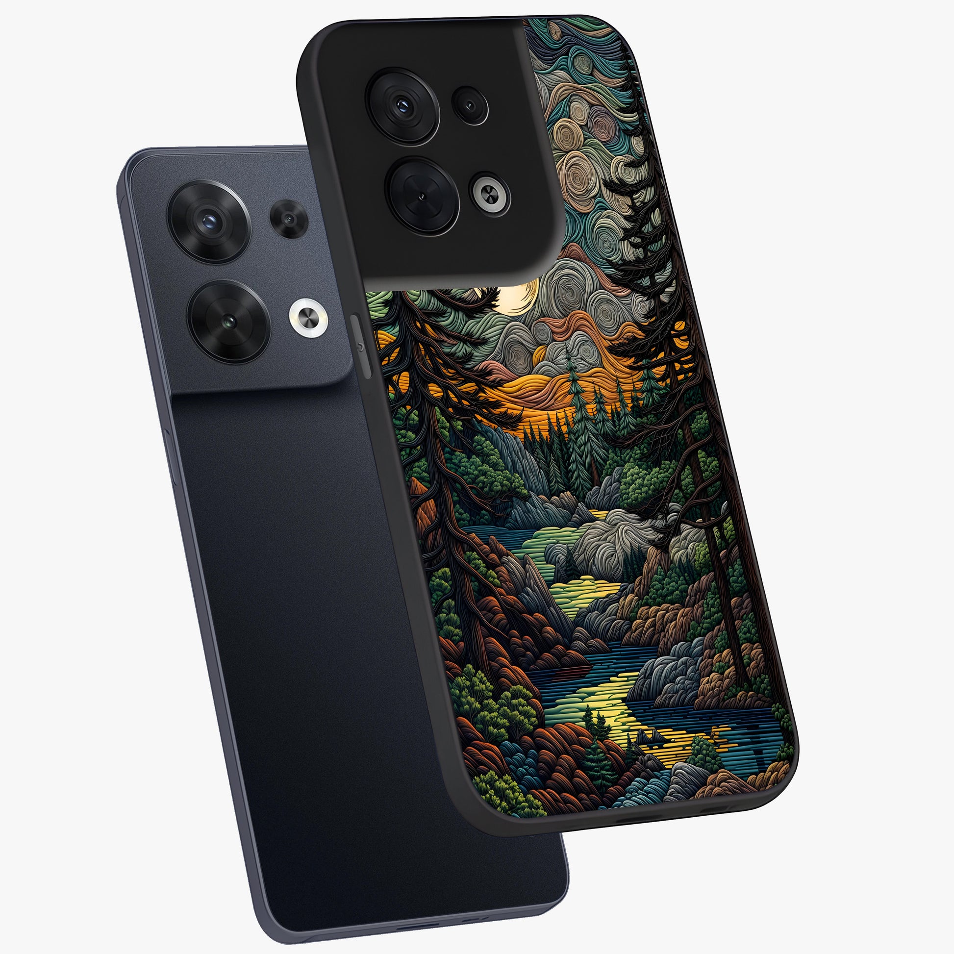 Moonlight Forest Dream Glass Case displayed in angled mockup highlighting dreamy forest design with glowing moon aesthetic.